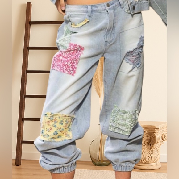 POL Floral Patchwork Jogger Denim Vintage Bohemian Denim - Picture 3 of 10